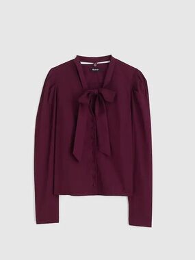 Madewell Classic Tie-Neck Long Sleeve Blouse in Burgundy